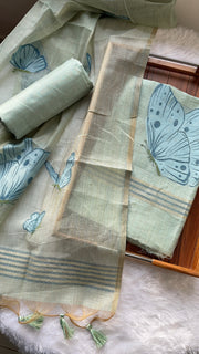 Butterfly Mint Green Muga Cotton Unstitched Suit Set